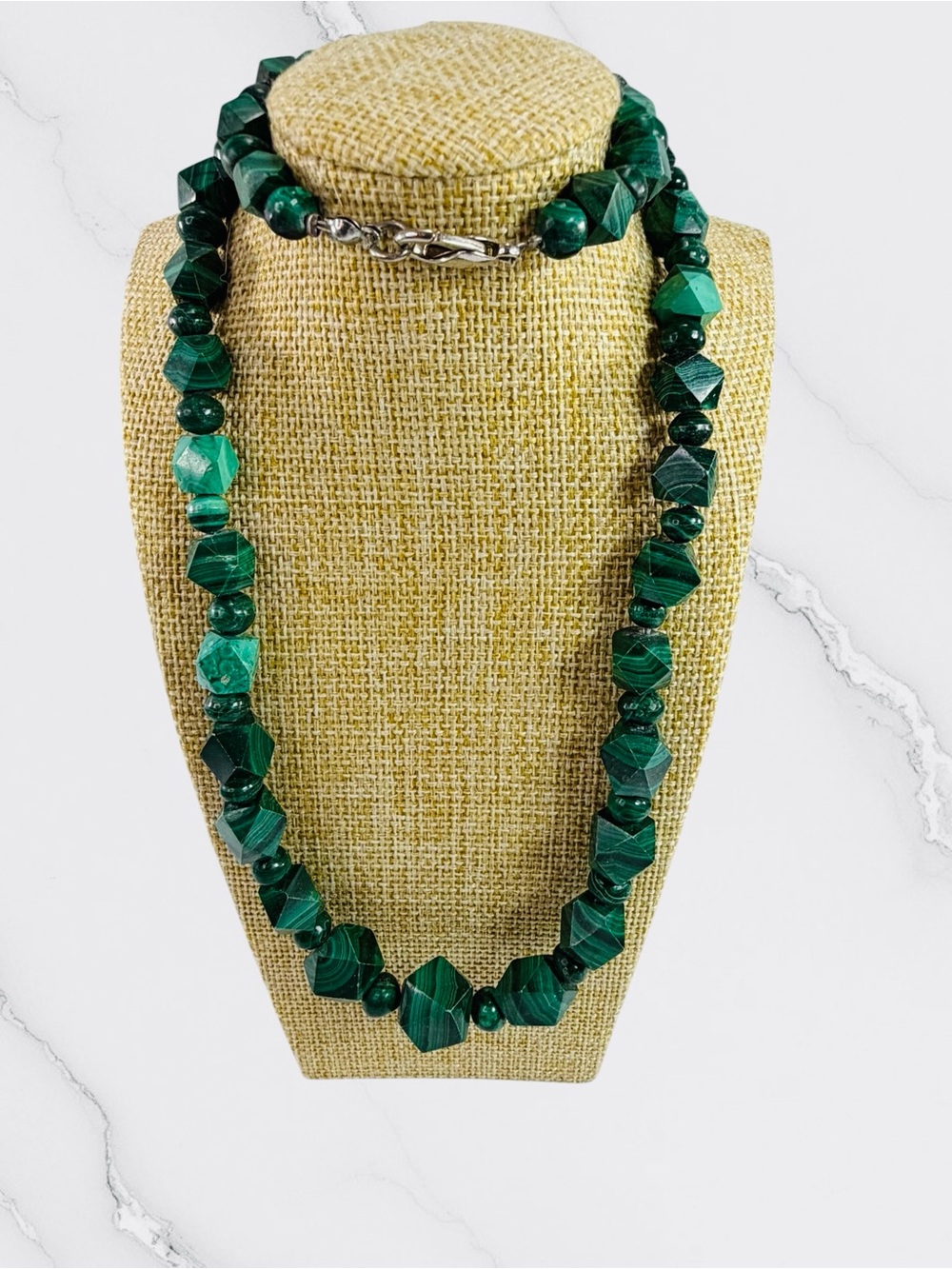 Vintage Green Malachite Cubed Beaded Silver Tone Graduated Stone 22” Necklace
